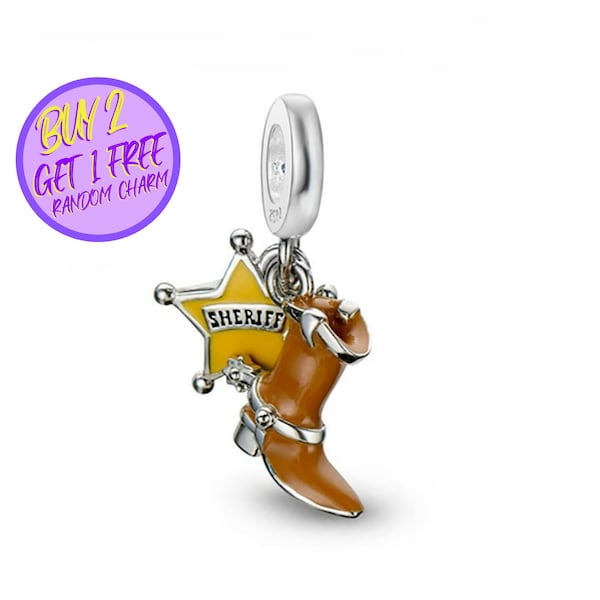 Sheriff Boot Dangle Charm For Bracelet, Star And Shoe Dangle Charm, Birthday Gift For Mother, Sterling Silver Charm