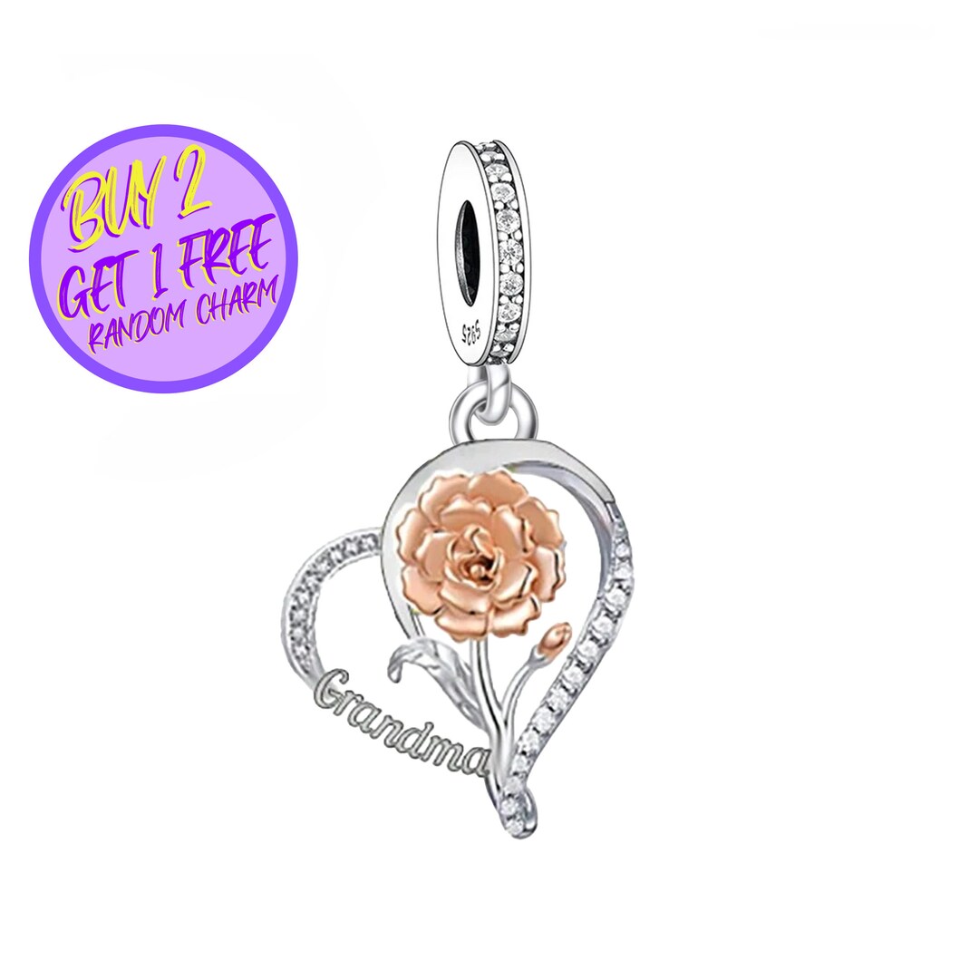 Grandma Heart Dangle Charm for Bracelet, Family Floral Charm