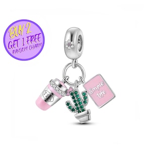 Tea and Plant Charm For Bracelet, Cactus Charm, Simple Life Charm, Minimal Life Charm, Drink Charm, Beaded Charm, Sterling Silver Charm
