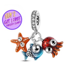 Octopus, Fish & Sea Star Charm For Bracelet, Sterling Silver Charm, Sea Dangle Charm, Ocean Charm