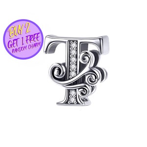 Breloque lettre T calligraphique pour bracelet, breloque lettre T, breloque lettre calligraphie, breloques alphabet, breloque en argent sterling