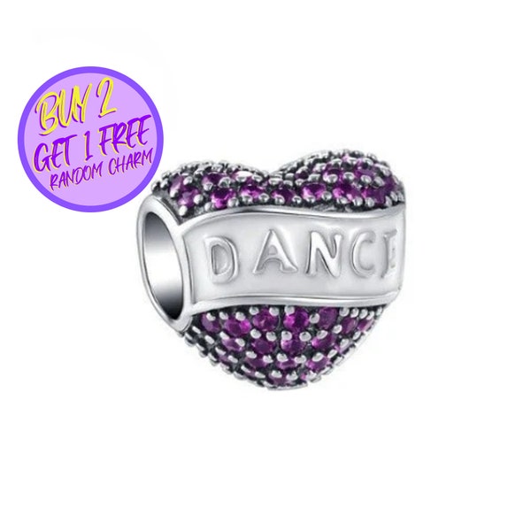 Dance Written Heart Charm For Bracelet, Dance Charm, Sterling Silver Charm, Purple Beaded Heart Charm