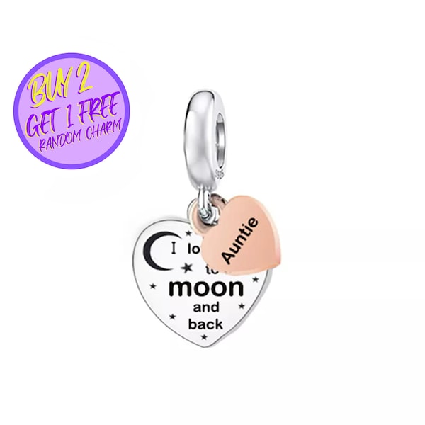 Auntie Heart Charm, Family Charm, Auntie Charm, Engraved Charm, Custom Charm, Sterling Silver Charm, I Love You To The Moon And Back