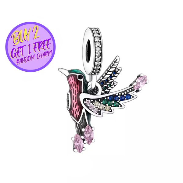 Encanto colgante de colibrí para pulsera, encanto con cuentas, encanto de colibrí, encanto de tema animal, encanto de plata de ley