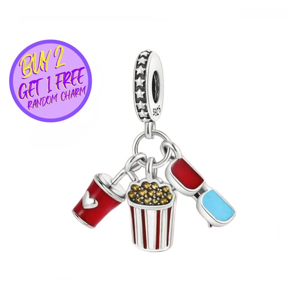 Popcorn, Drink Cup and Glasses Charm For Bracelet, Drink Charm, Movie Charm, Sterling Silver Charm, Gift For New Mom