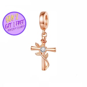 Rose Gold Cross Charm For Bracelet, Floral Cross Charm, Faith Related Charm