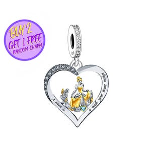 Princess Heart Dangle Charm For Bracelet, Birthday Gift For Mother, Sterling Silver Charm, A Dream Is A Wish Your Heart Makes Charm