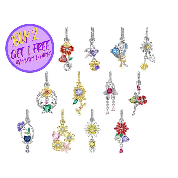 Flower Birthstone Charms For Bracelet, Birthday Charm, Sterling Silver Charm