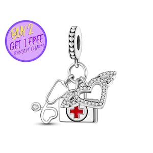 Angel Wings Heart, Stethoscope Dangle Charm For Bracelet, Hospital Charm, Nurse Charm, Medical Charm, Doctor Charm, Sterling Silver Charm
