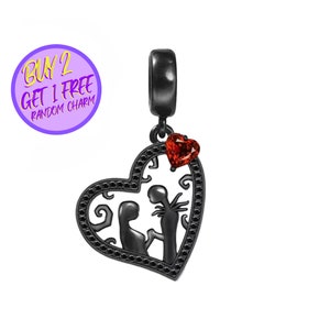 Couple Black Heart Dangle Charm For Bracelet, Couple Charm, Sterling Silver Charm