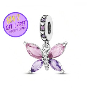 Pink Butterfly Charm For Bracelet, Animal Charm, Glass Butterfly Charm, Sterling Silver Charm