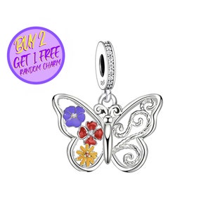 Butterfly Dangle Charm For Bracelet, Animal Charm, Floral Butterfly Charm, Sterling Silver Charm