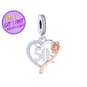 50th Birthday Charm For Bracelet, 50th Charm, 50th Heart Charm, Birthday Gifts For Her, Beaded Charm, Sterling Silver Charm