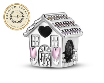 Sweet Home Charm For Bracelet, Pink Heart House Charm For Bracelet, Sterling Silver Charm