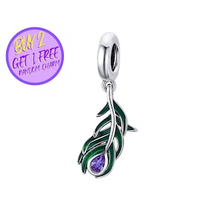Peacock Feather Charm For Bracelet, Purple Beaded Peacock Charm, Animal Theme Charm, Sterling Silver Charm