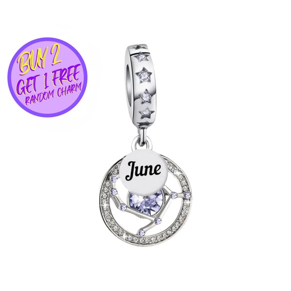 June Zodiac Birthstone Charm For Bracelet, June Charm, Gemini Zodiac Charm, Zodiac Charm, Birthday Gift, Sterling Silver Charm