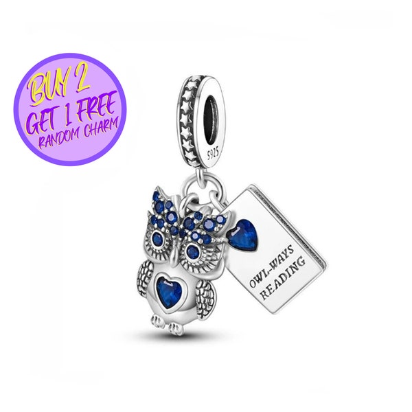 Wise Owl Dangle Charm For Bracelet, Always Reading Charm, Sterling Silver Charm