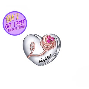 Sister Heart Charm For Bracelet, Floral Charm, Heart Charm For Birthday Gifts, Designer Charms For Christmas Gifts
