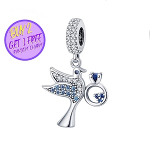 Bird With Proposal Ring Charm For Bracelet, Beaded Animal Theme Charm, Sterling Silver Charm