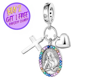 Mary Mother Charm For Bracelet, Jesus Charm, Cross Charm, Faith Charm, Religious Charm, Sterling Silver Charm