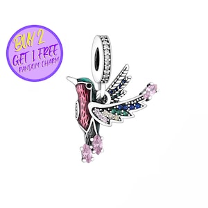 Hummingbird Dangle Charm For Bracelet, Beaded Charm, Hummingbird Charm, Animal Theme Charm, Sterling Silver Charm