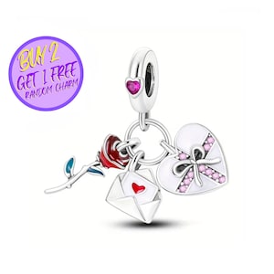 Dije de rosa, corazón y letra para pulsera, dije colgante de rosa, dije de plata esterlina