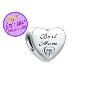 Best Mom Charm For Bracelet, Heart Charm, Family Charm, Gift For Mom, Sterling Silver Charm