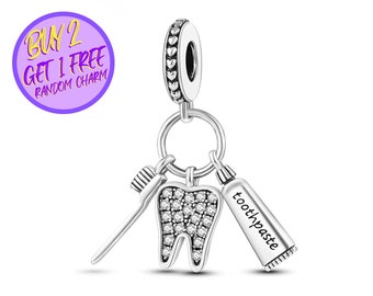 Healthy Teeth Toothbrush Dangle Charm For Bracelet, Toothbrush Charm, Dentist Charm, Gift For Dentist, Sterling Silver Charm