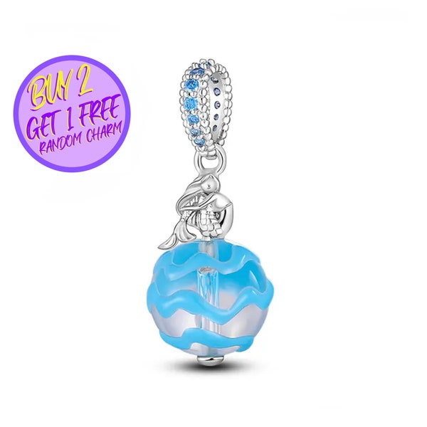 Mermaid Murano Glass Dangle Charm For Bracelet, Blue Glass Charm, Designer Charms For Bracelet, Sterling Silver Charm
