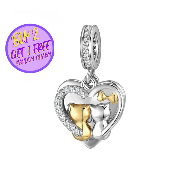 Couple Cat Heart Dangle Charm For Bracelet, Sterling Silver Charm, Animal Theme Charm, Heart Charm