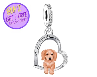 Sausage Dog Charm For Bracelet, Dachshund Dog Charm, Dog Heart Charm, Animal Charm, Designer Charms For Bracelet, Sterling Silver Charm