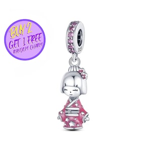 Japanese Girl Dangle Charm For Bracelet, Cartoon Charm, Sterling Silver Charm