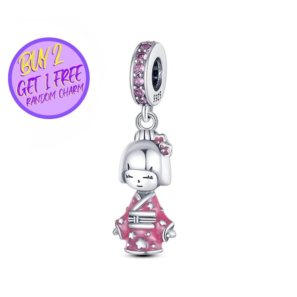 Japanese Girl Dangle Charm For Bracelet, Cartoon Charm, Sterling Silver Charm