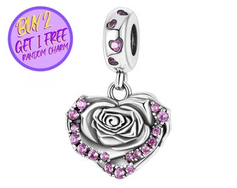 Rose Pattern Heart Dangle Charm for Bracelet, Heart Charm, Dangle
