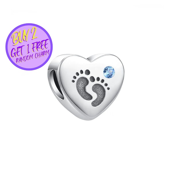 Baby Foot Print Heart Charm For Bracelet, Baby Arrival Gift, New Mom Gift, Sterling Silver Charm