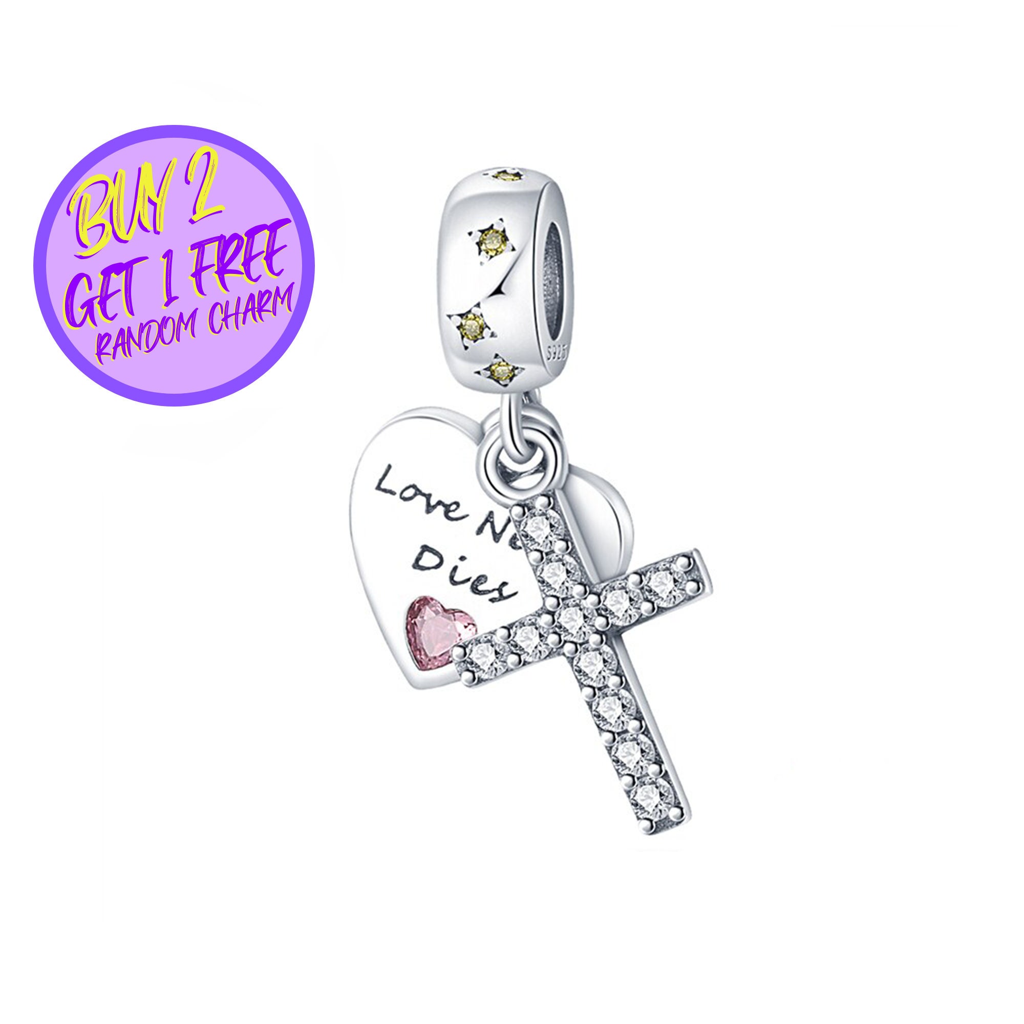 Sterling Silver Cross Forever Heart Dangle Charm - Pink Heart On Cross For Bracelet