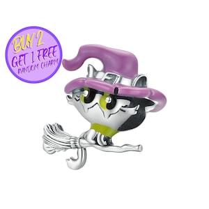 Breloque chat volant pour bracelet, breloque sorcière violette, breloque d'Halloween, breloque en argent sterling