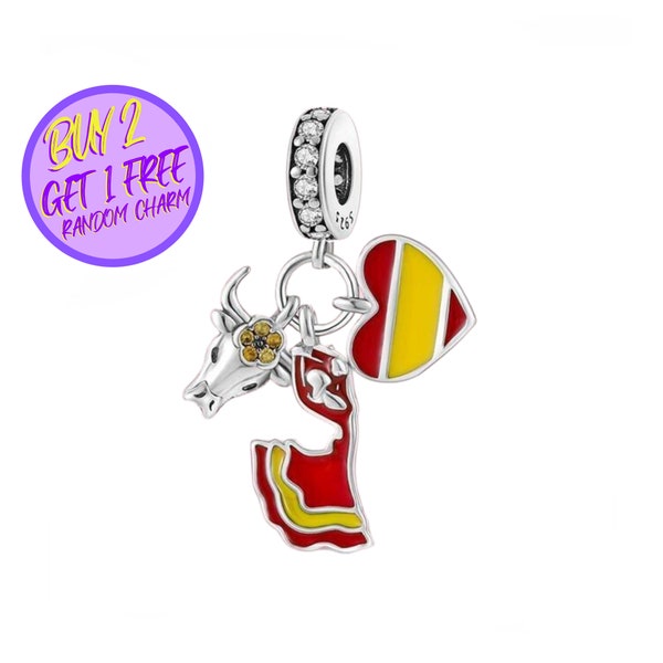 Spain Flag Heart Charm For Bracelet, Flamenco Charm, Spain Bull Charm, Country Charm, Sterling Silver Charm