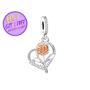 Auntie Heart Dangle Charm For Bracelet, Family Floral Charm, Heart Charms For Birthday Gifts, Designer Charms For Christmas Gifts