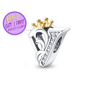 Charm con letra V de corona para pulsera, Charm con letra V, Charm con letras de corona, Charms del alfabeto, Charm de plata esterlina