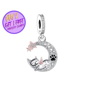Angel Cat On The Moon Charm For Bracelet, Angel Cat Charm, Animal Theme Charm, Sterling Silver Charm