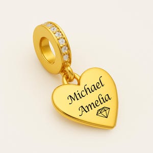 Personalized Heart Dangle Charm For Bracelet, Gold Heart Charm, Custom Heart Charm, Heart Charm, Engraved Charm, Sterling Silver Charm