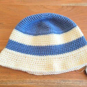 Denim blue and off-white cotton bucket sun hat