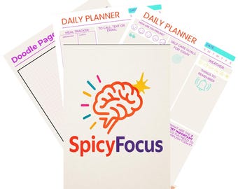 May include: A daily planner with a colorful brain graphic and the text "SpicyFocus". The planner includes sections for meal tracking, to-do lists, self-care goals, and things to remember.