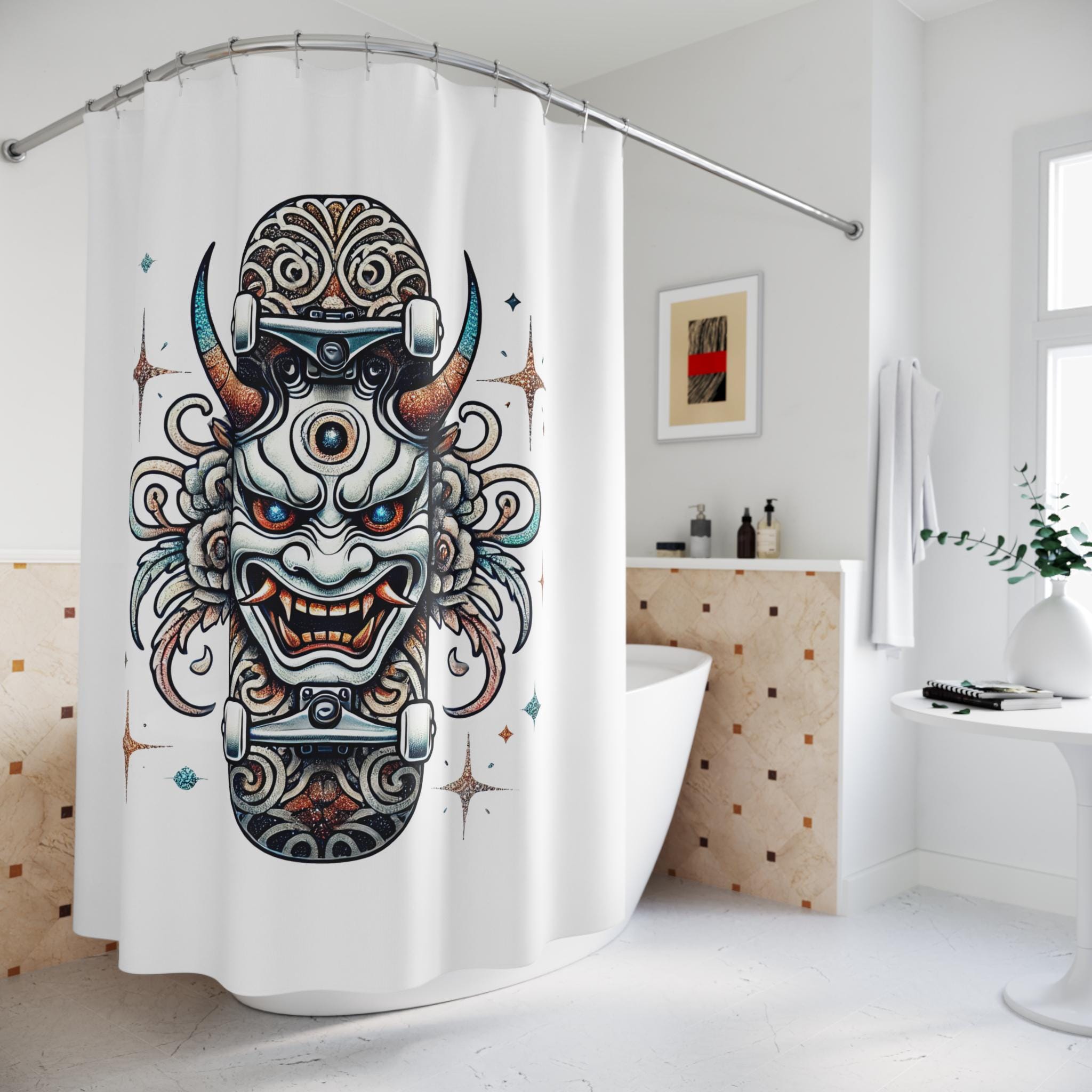 japanese-oni-demon-mask-shower-curtain-horror-bath-decor-etsy
