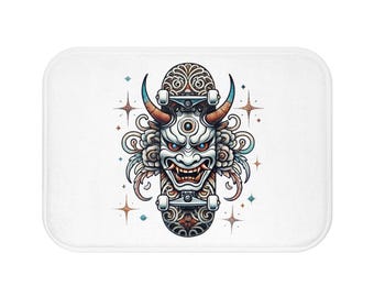 Japanese Oni Demon Mask Bath Mat | Yokai Skateboard Bathroom Decor