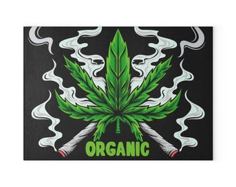 Organic Cannabis Leaf with Joints Glass Cutting Board | Herb Kitchen Decor