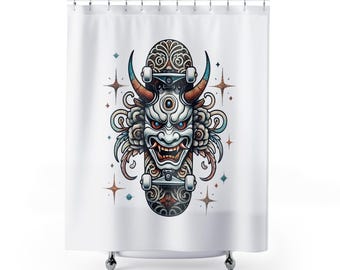 Japanese Oni Demon Mask Shower Curtain | Horror Bath Decor