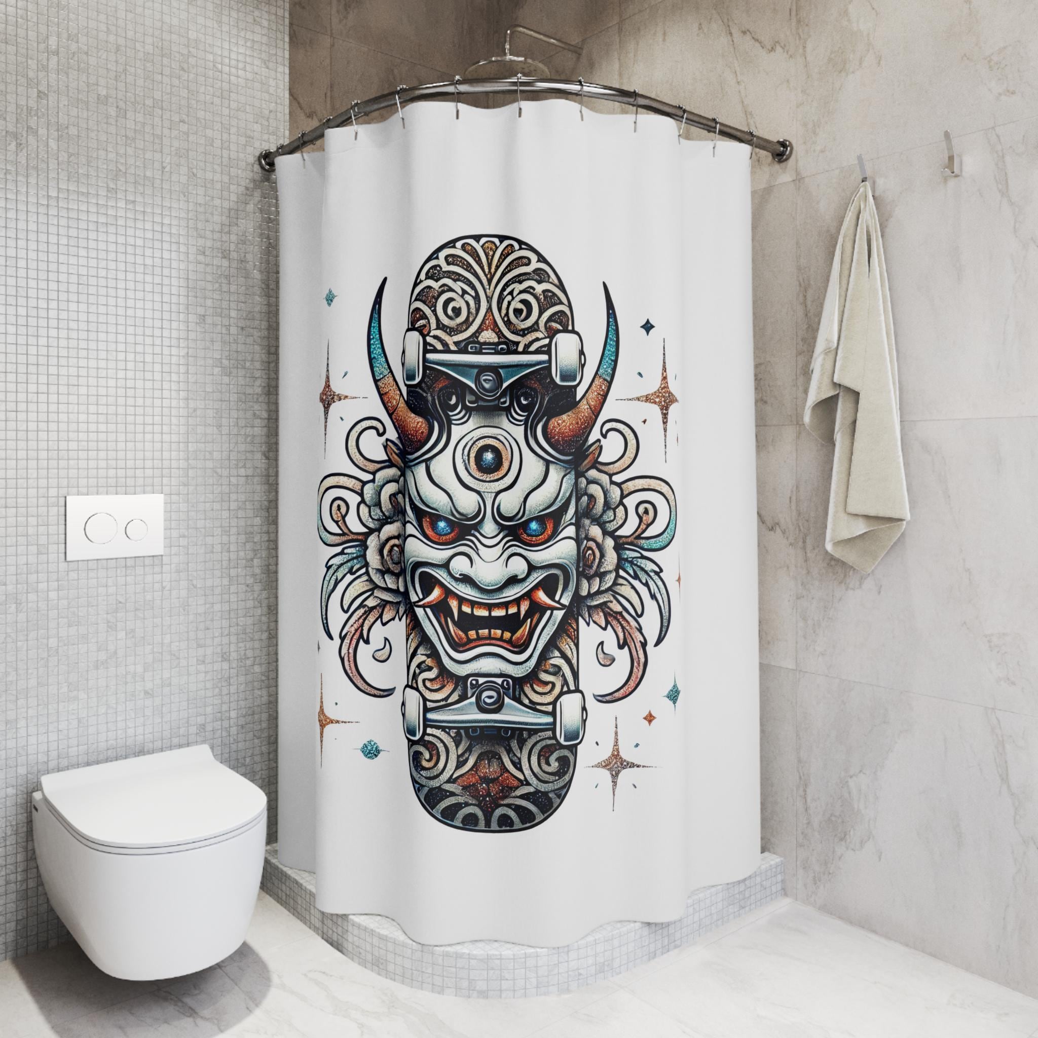 japanese-oni-demon-mask-shower-curtain-horror-bath-decor-etsy