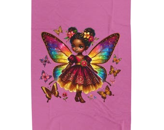 Black Fairy Girl Velveteen Plush Blanket with Rainbow Butterfly Wings
